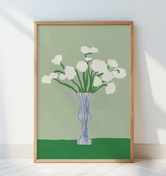 Green background porcelain white flowers - Art Print by Little Dean