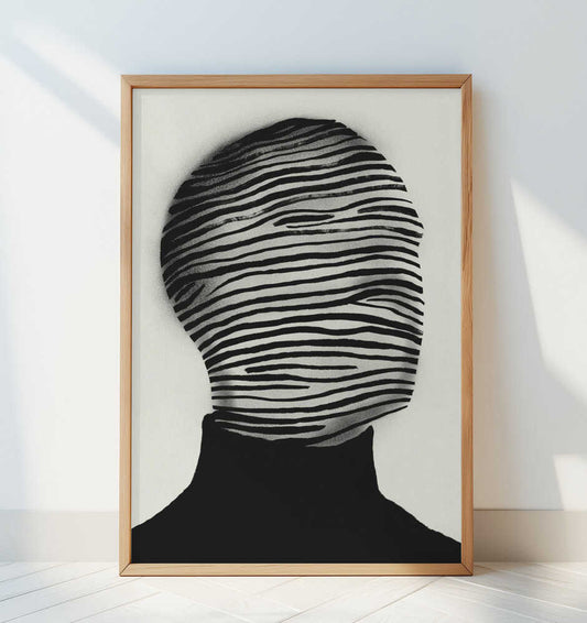 Abstract Head Wrapped In Black And White Stripes - Art Print by Little Dean