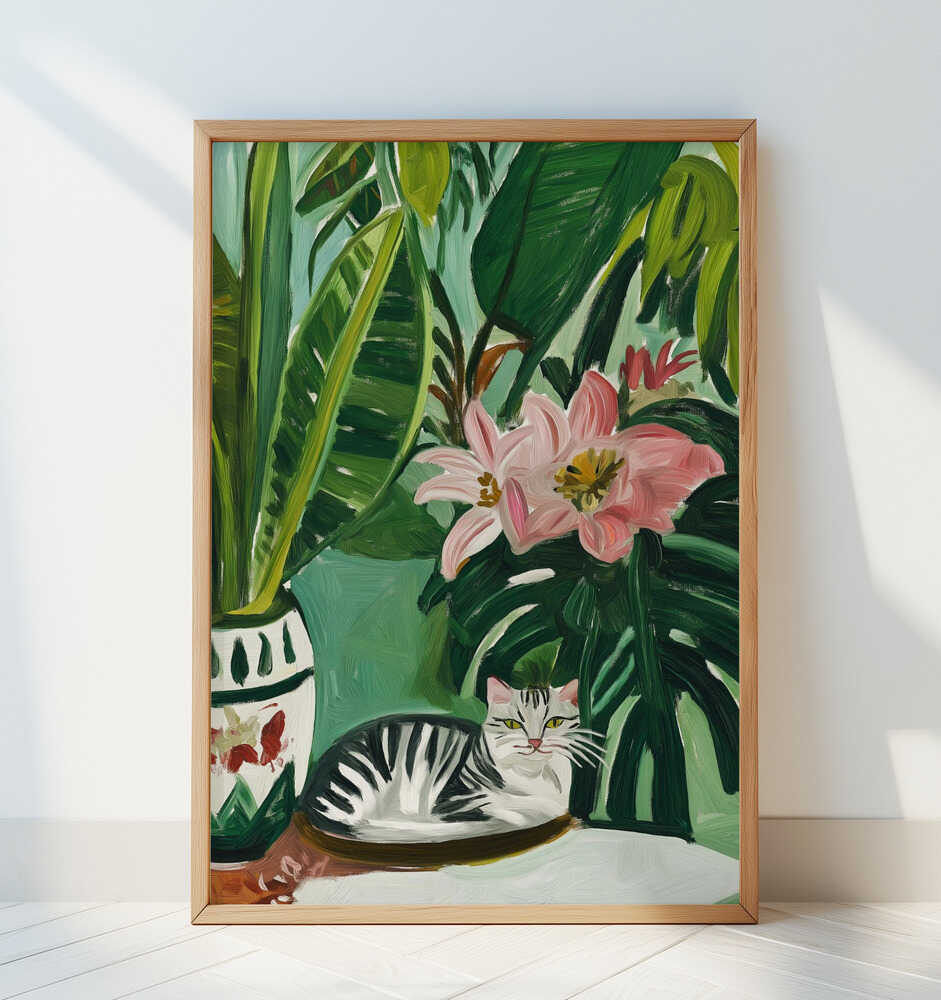 Tropical Muse With Cat - Art Print by SHANDU