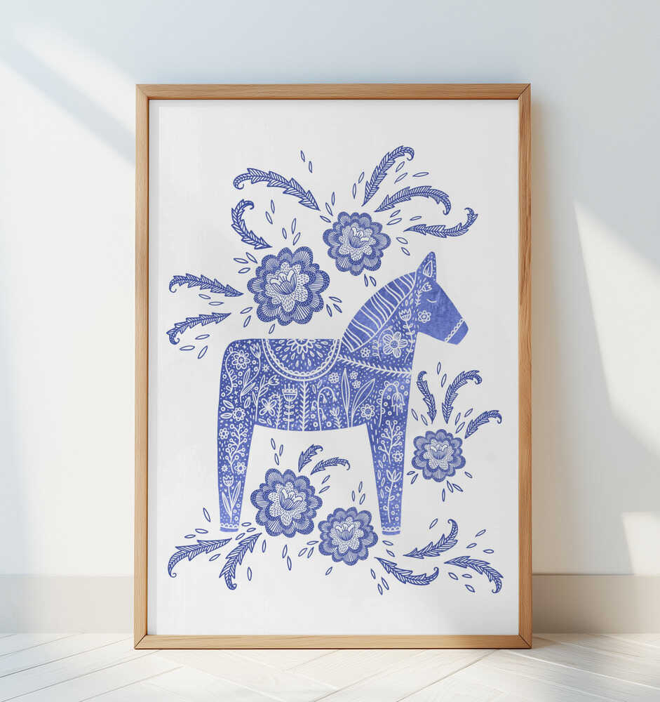 Swedish Dala Horse Blue And White - Art Print by Nic Squirrell