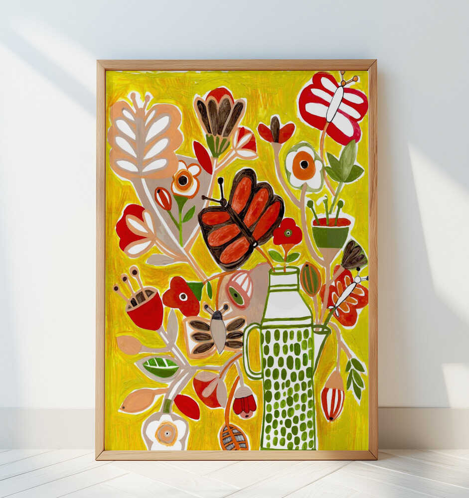 Flowers and Butterflies Love Yellow - Art Print by Sharon Nullmeyer