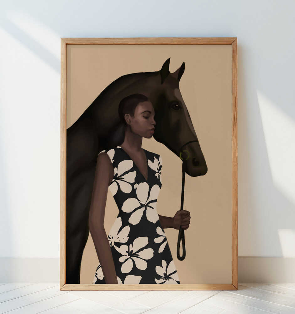 Woman In Bold Print With Black Horse - Art Print by Nadjaa