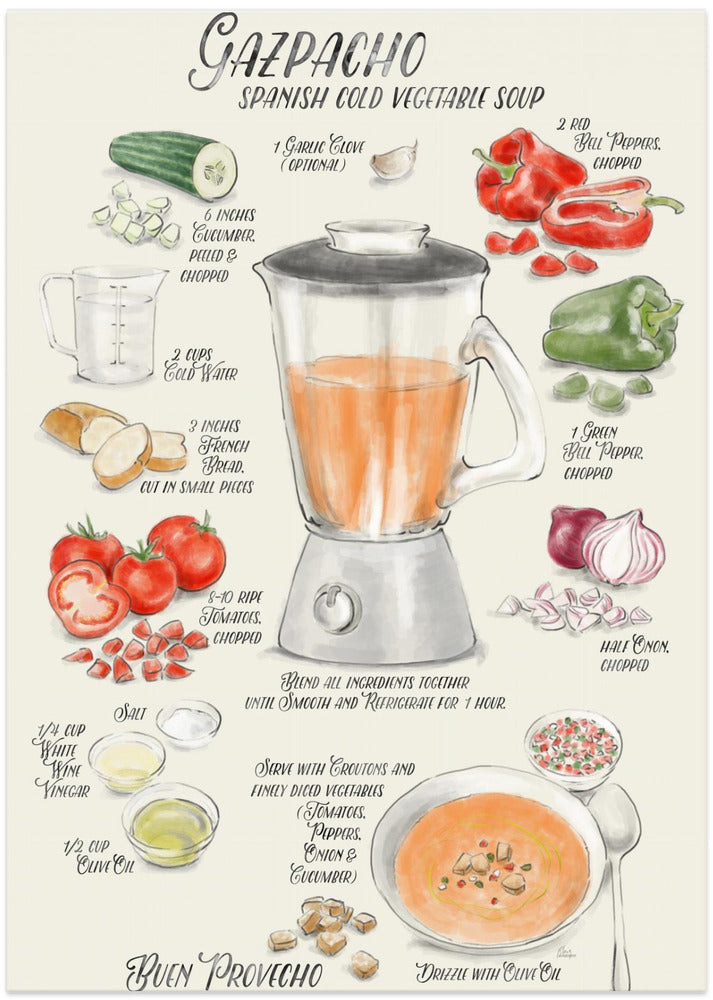Gazpacho illustrated recipe in English - Art Print by Rosana Laiz Blursbyai