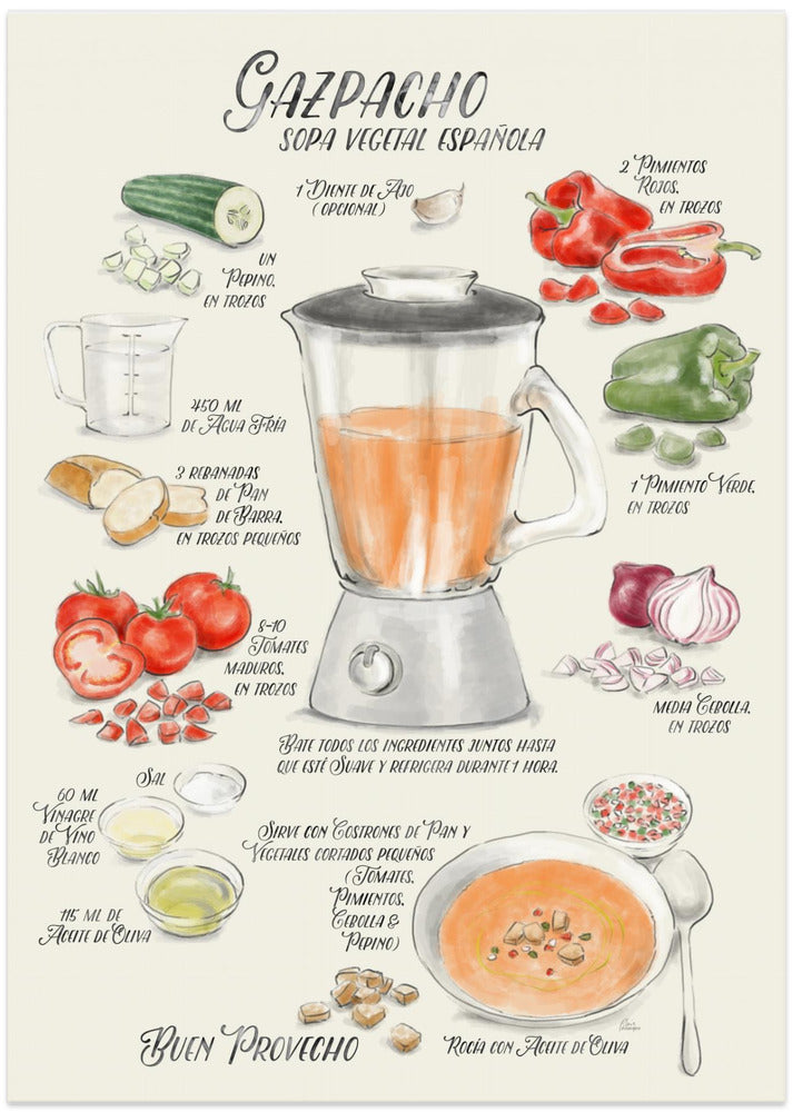 Gazpacho illustrated recipe in Spanish - Art Print by Rosana Laiz Blursbyai