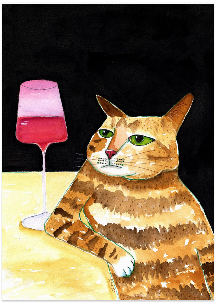 Cat Friday Night Drinks Wine Funny Cat Humour - Art Print by Sharyn Bursic