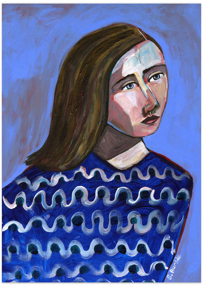 Woman in Blue Sweater Naive Portrait Figurative - Art Print by Sharyn Bursic