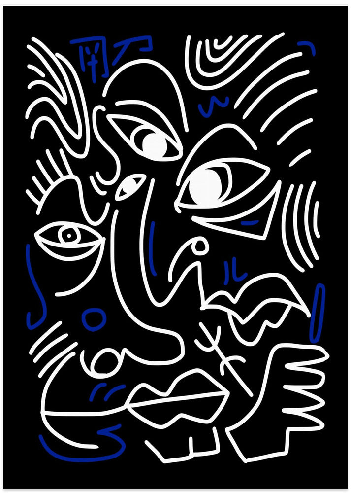 White And Blue Lines On A Black Background - Art Print by Little Dean