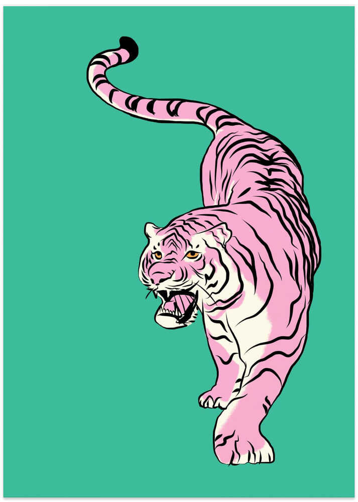 Tiger In Light Pink and Green - Art Print by Little Dean
