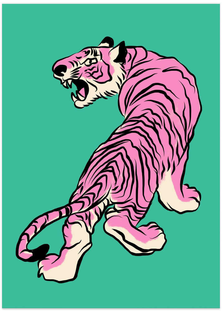 Pink Tiger Against A Teal Background - Art Print by Little Dean