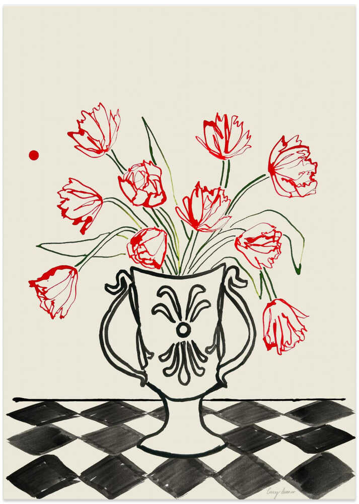 Red Tulips In a Vase with Checkered Diamonds - Art Print by Lucy Deaner