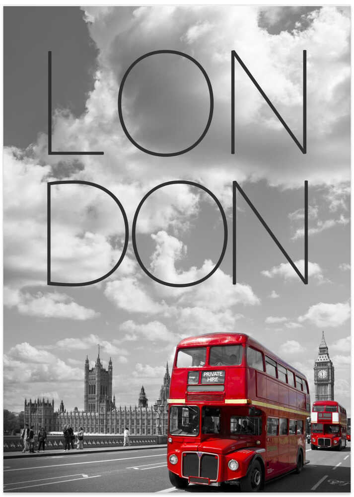 Red Buses in London | Text &amp; Skyline - Art Print by Melanie Viola Travel Poster