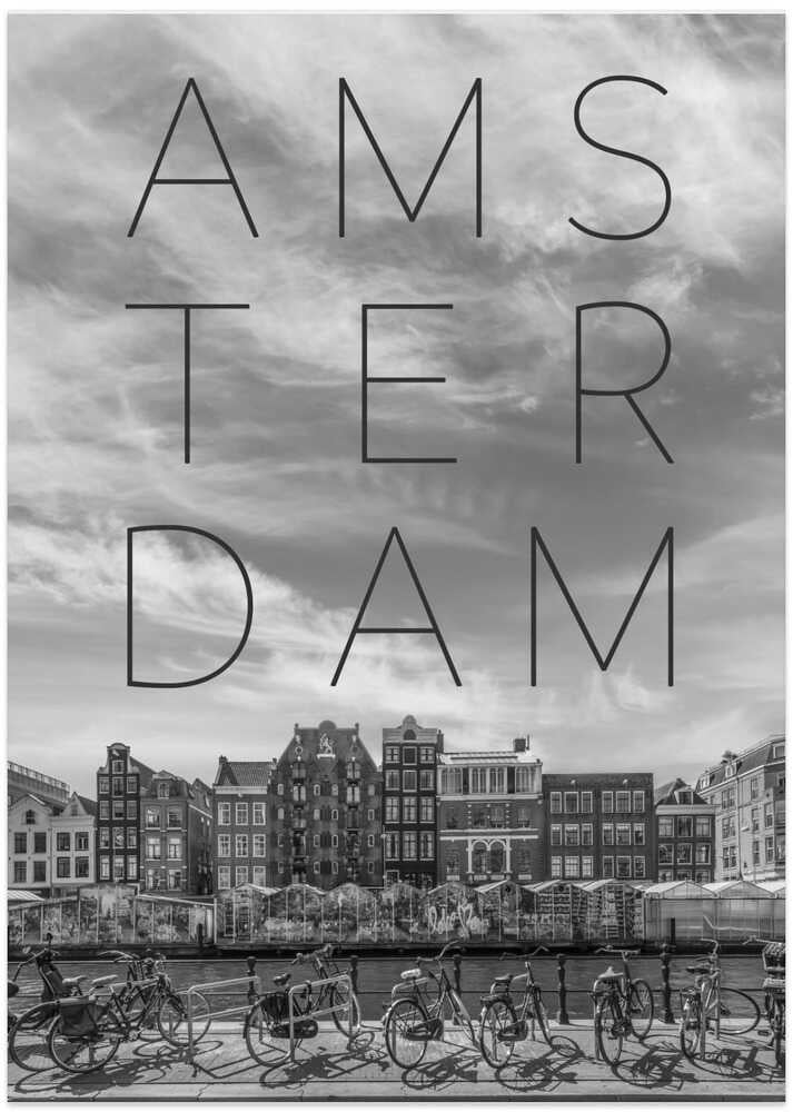 AMSTERDAM Singel Canal with Flower Market | Text &amp; Skyline - Art Print by Melanie Viola Travel Poster