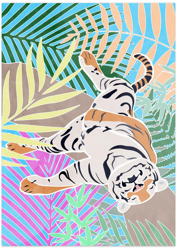 Tiger Sleepling in colourful jungle - Art Print by Sarah Manovski