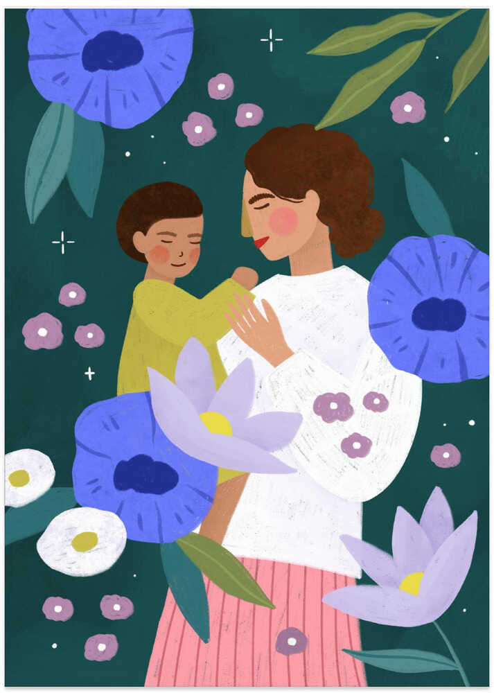 Mother Child Floral Embrace - Art Print by Bea Müller