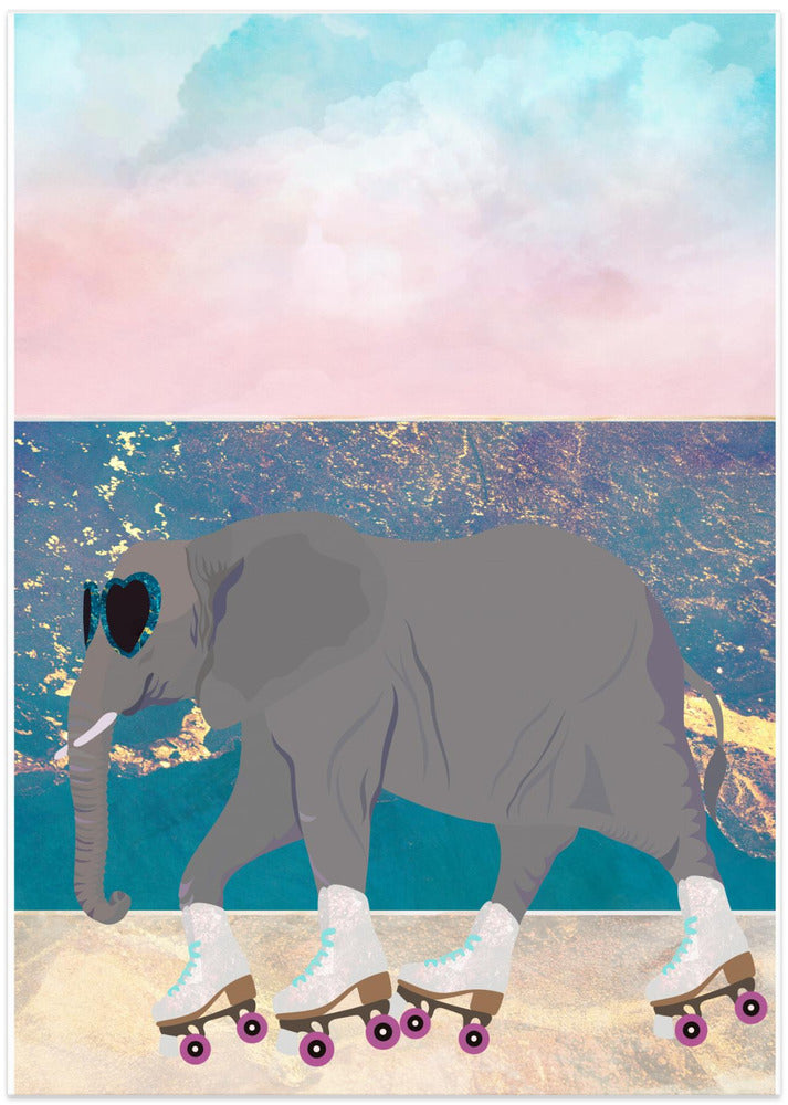 Elephant Rollerskating On holiday - Art Print by Sarah Manovski