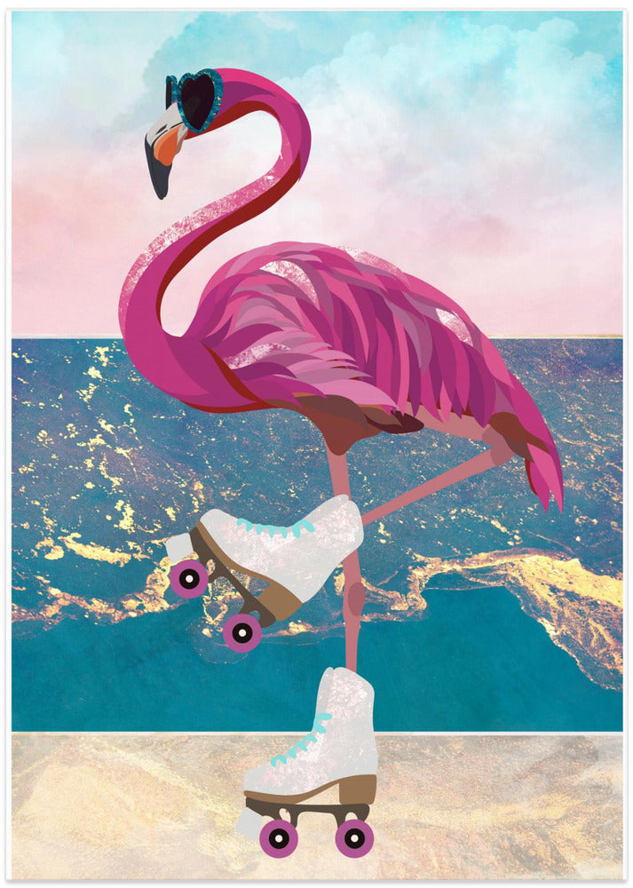 Flamingo rollerskating on the beach - Art Print by Sarah Manovski