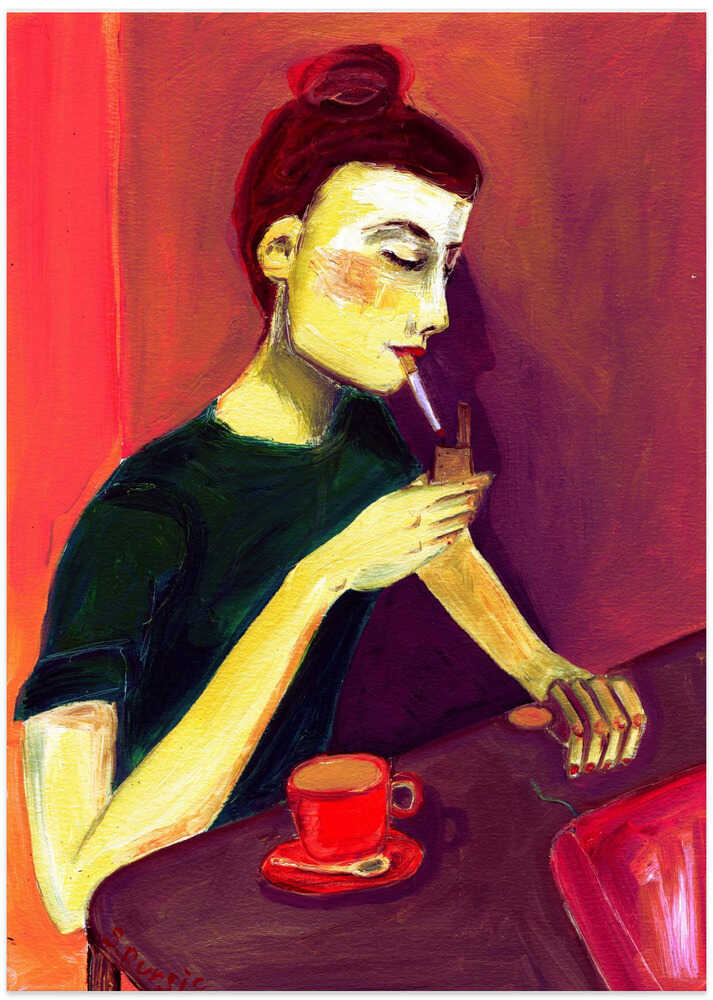 Lady lighting cigarette - Art Print by Sharyn Bursic