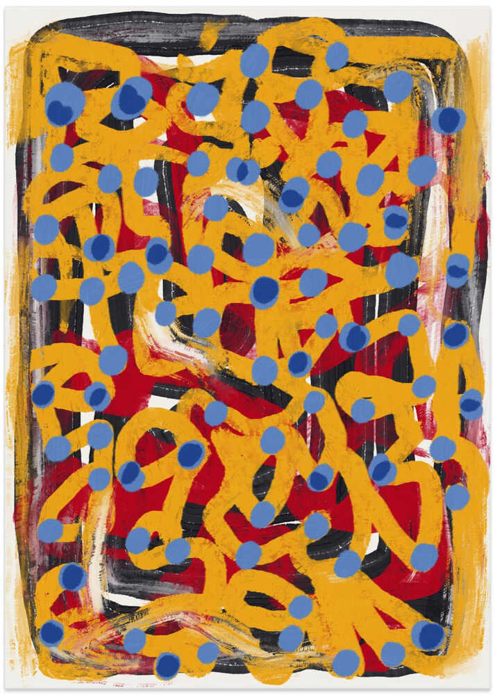 Yellow dotted line and blue polka dot - Art Print by Little Dean