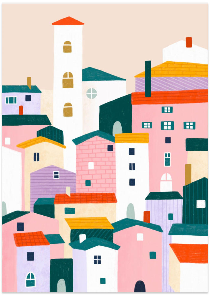 Colorful Village Scene - Art Print by Bea Müller