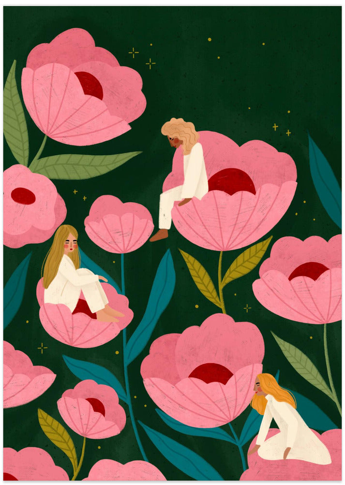 Three Women Sitting on Large Pink Flowers - Art Print by Bea Müller
