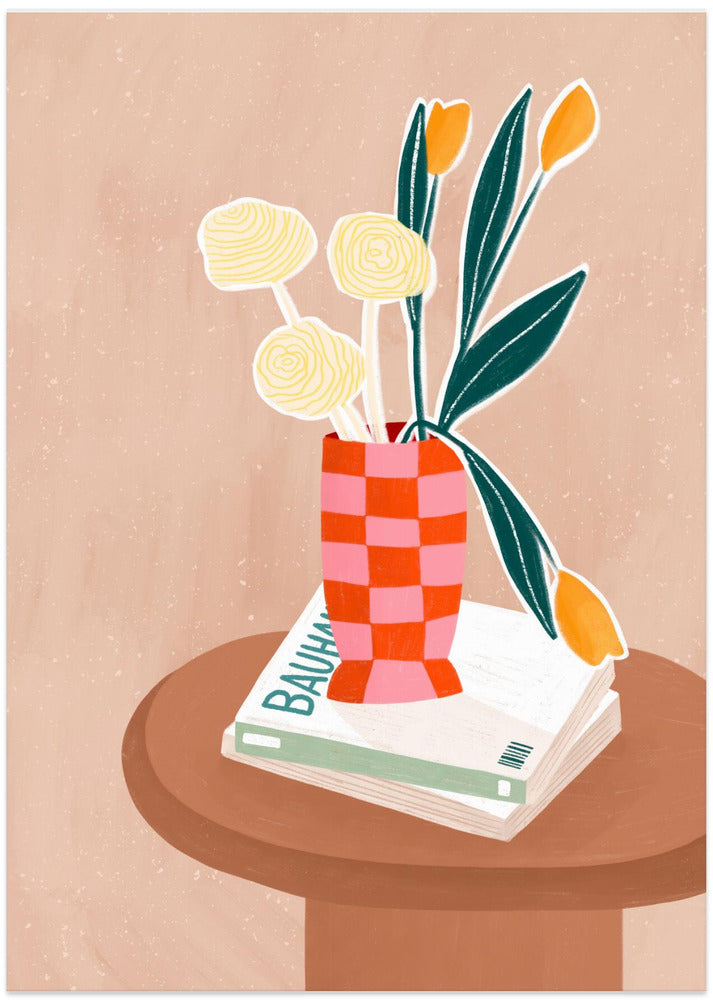 Flower With a Checkered Red Vase - Art Print by Bea Müller