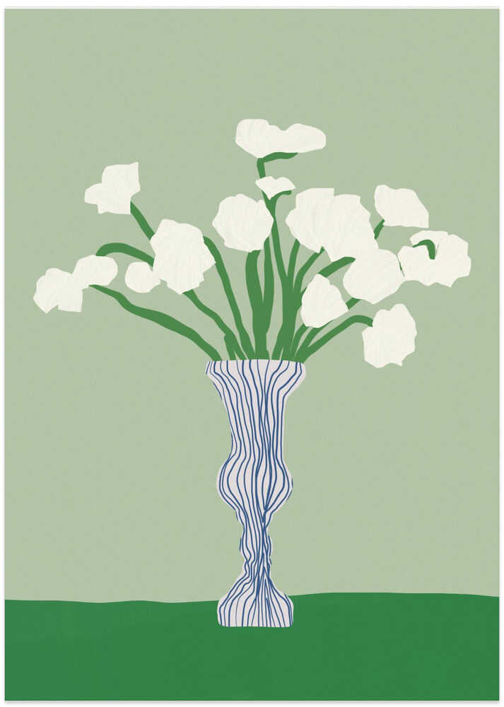 Green background porcelain white flowers - Art Print by Little Dean