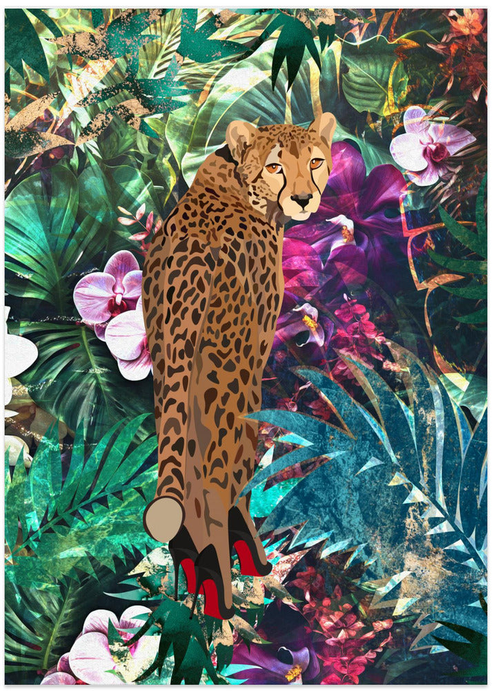 Tropical Floral Jungle - Cheetah in heels - Art Print by Sarah Manovski