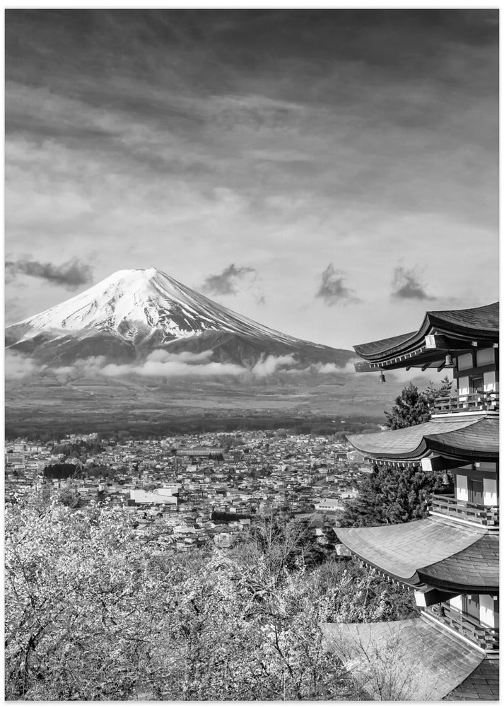 Unique view of Mount Fuji with Chureito Pagoda during cherry blossom season - monochrome - Art Print by Melanie Viola