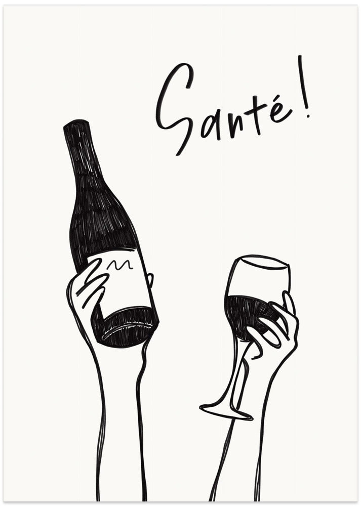 Hands holding a wine bottle and a wine glass with the text "Cheers!" in French - Art Print by Rio Soléy