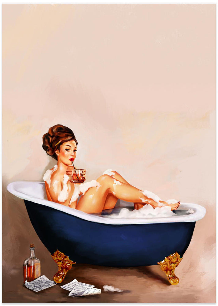 Bathtub Drinks: Pinup Girl Drinking In Bathroom - Art Print by The Whiskey Ginger