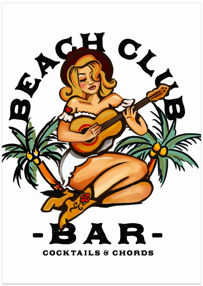 Beach Club Bar. Sailor Jerry Style Pin-up Girl Playing Guitar - Art Print by The Whiskey Ginger