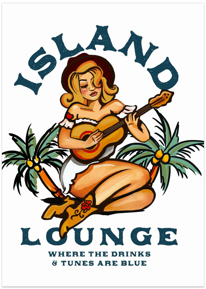 Island Lounge Tropical Pin Up Girl Playing Guitar - Art Print by The Whiskey Ginger