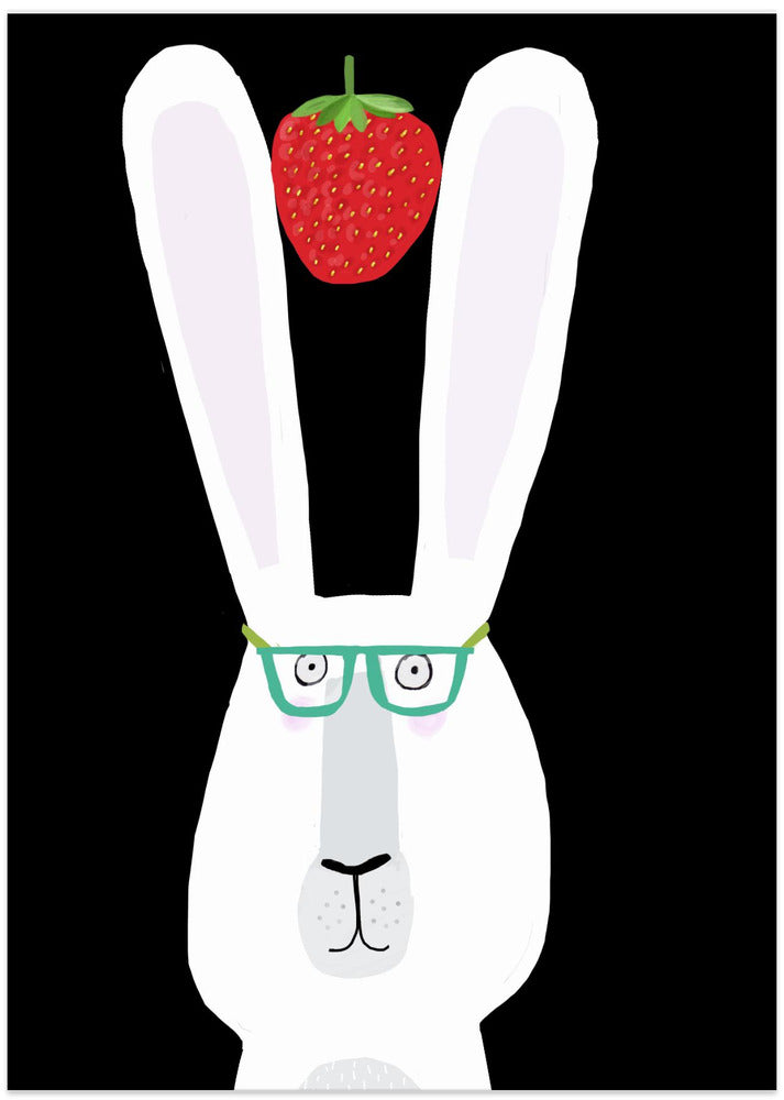 Cute White Rabbit with Strawberry by Artist Carla Daly - Art Print by Carla Daly