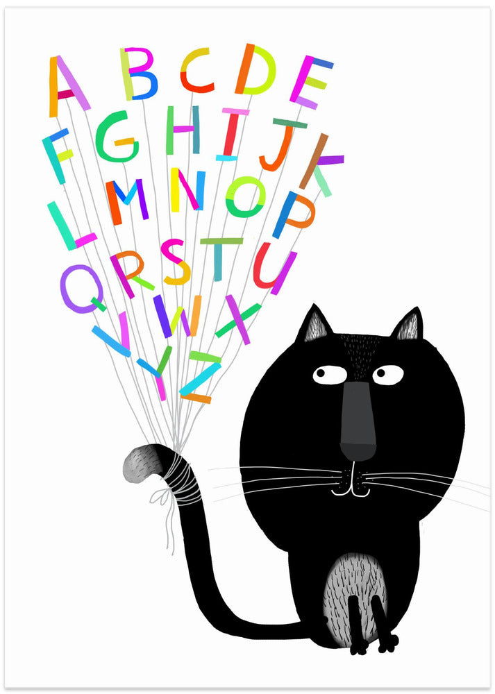 Cute Black Cat with Alphabet Letters by Carla Daly - Art Print by Carla Daly