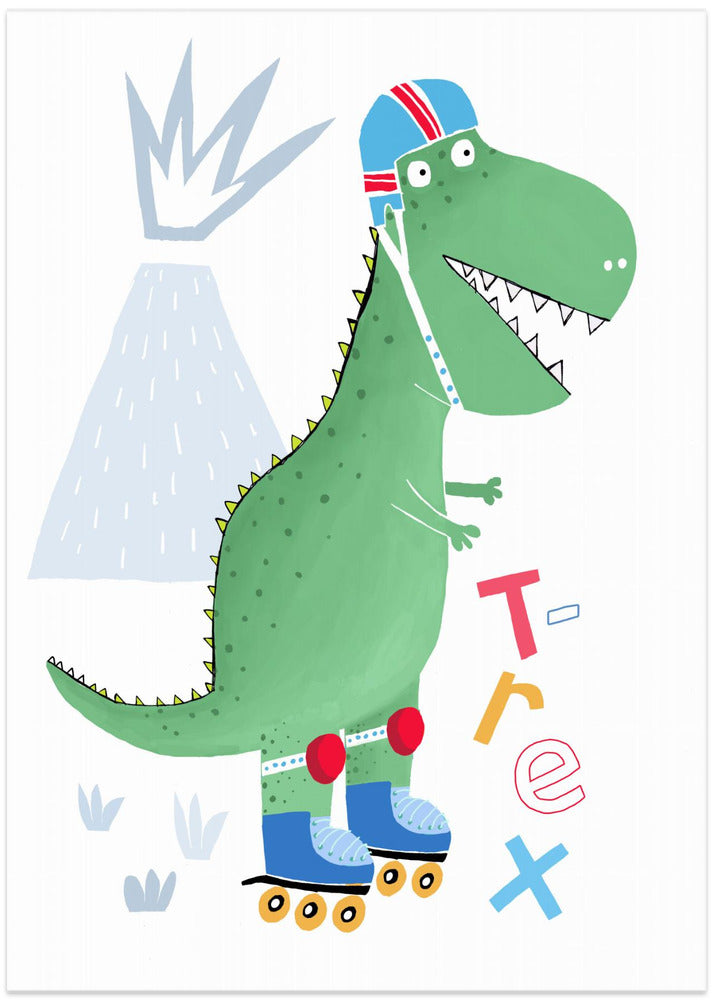 Funny T-Rex on Rollerblades with Volcano by Artist Carla Daly - Art Print by Carla Daly