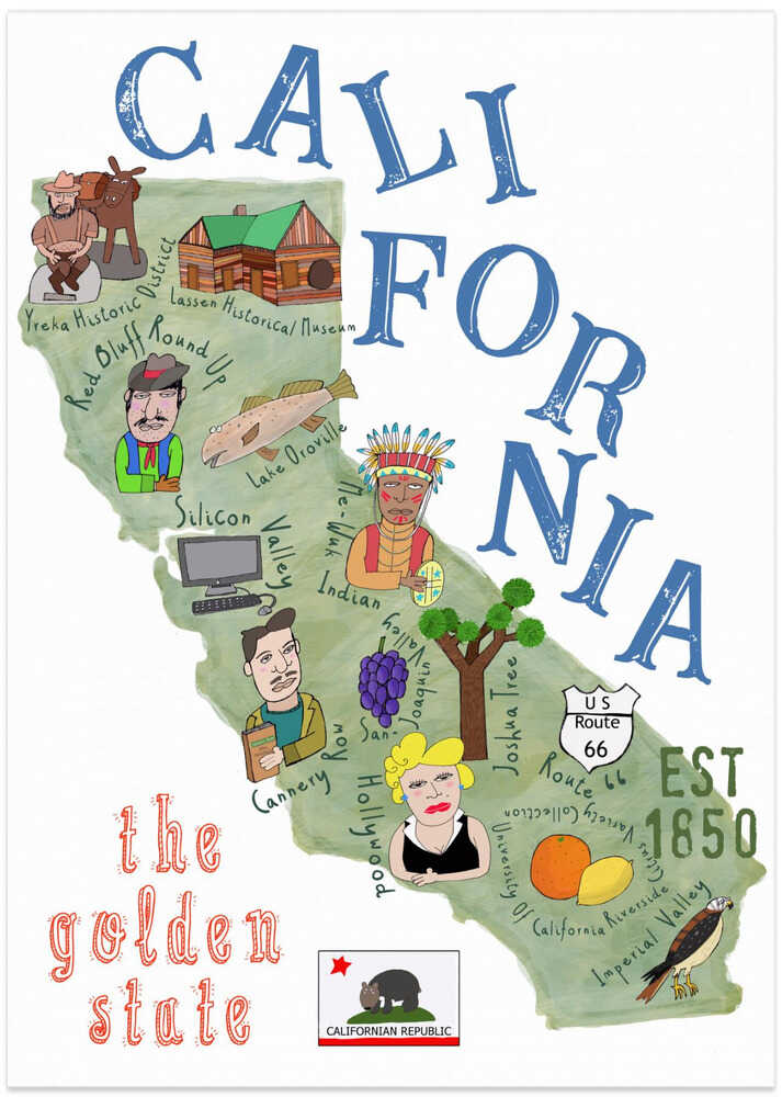 Illustrated Map of California with State Icons by Carla Daly - Art Print by Carla Daly Travel Poster