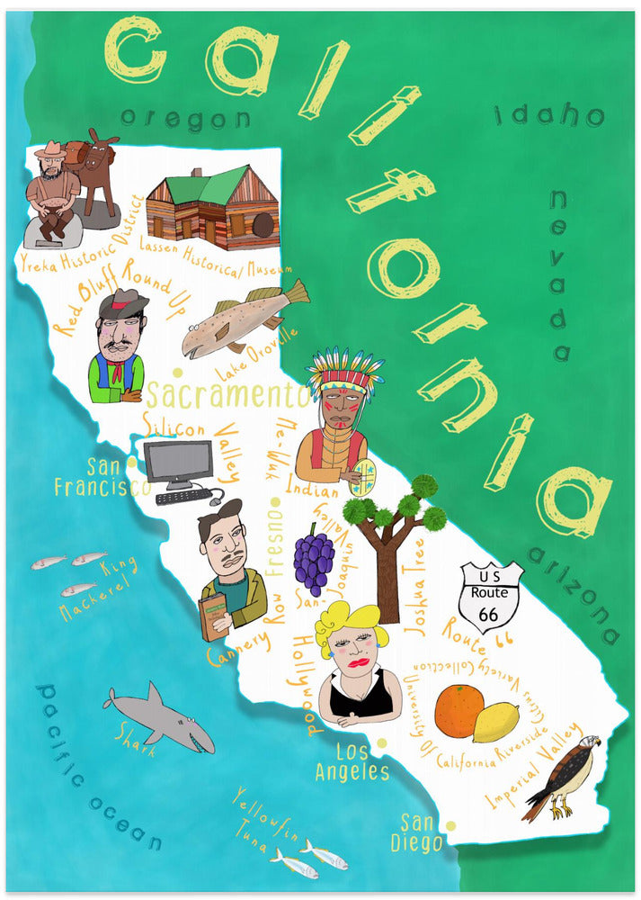 Illustrated Map of California with Ocean by Carla Daly - Art Print by Carla Daly