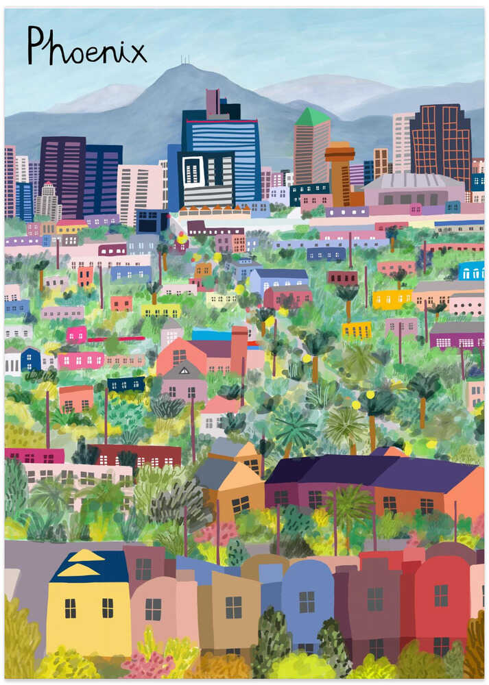 View Over Phoenix Arizona Illustrated by Artist Carla daly - Art Print by Carla Daly Travel Poster