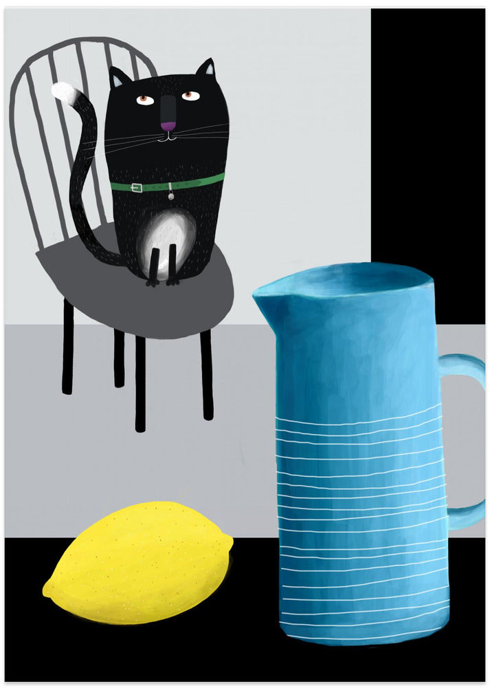 Cute Black Cat sitting on a Chair with Blue Vase and Lemon - Art Print by Carla Daly