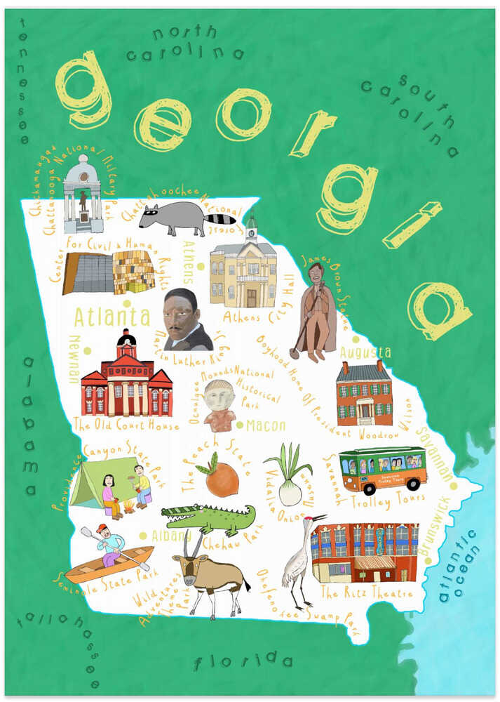 Illustrated Map of Georgia State by Artist Carla Daly - Art Print by Carla Daly Travel Poster