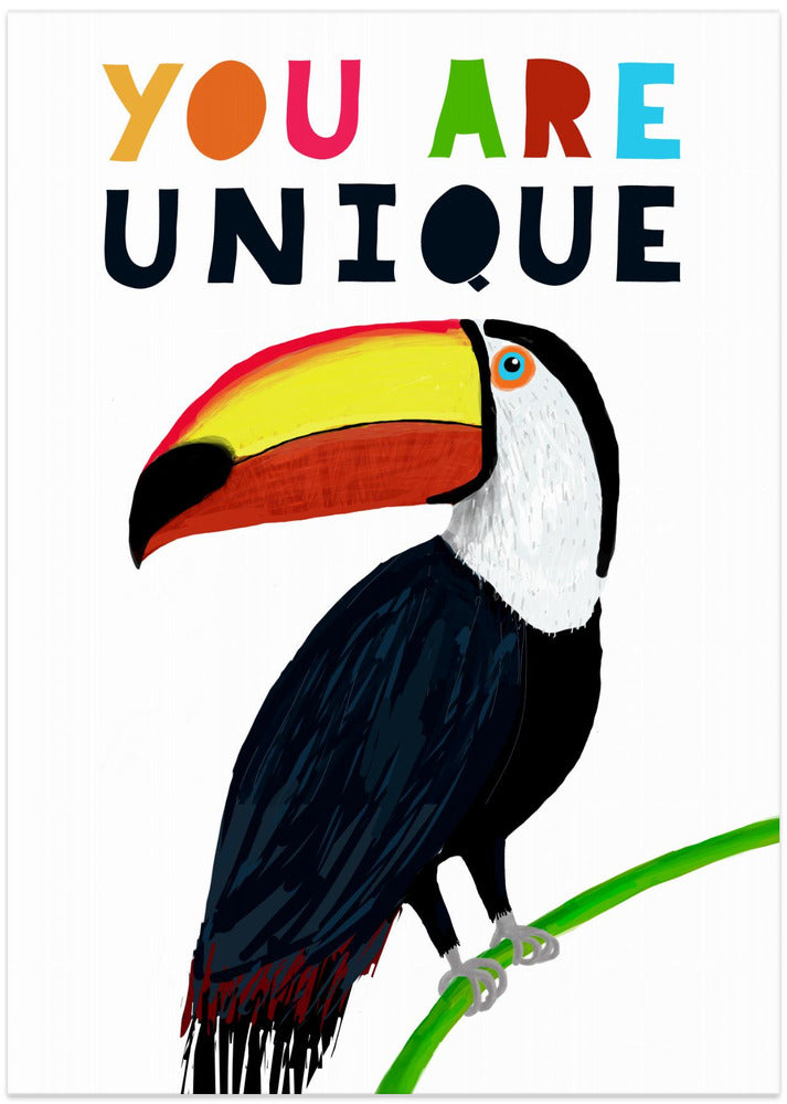 You Are Unique! Colorful Toucan with Colorful Text by Illustrator Carla Daly - Art Print by Carla Daly