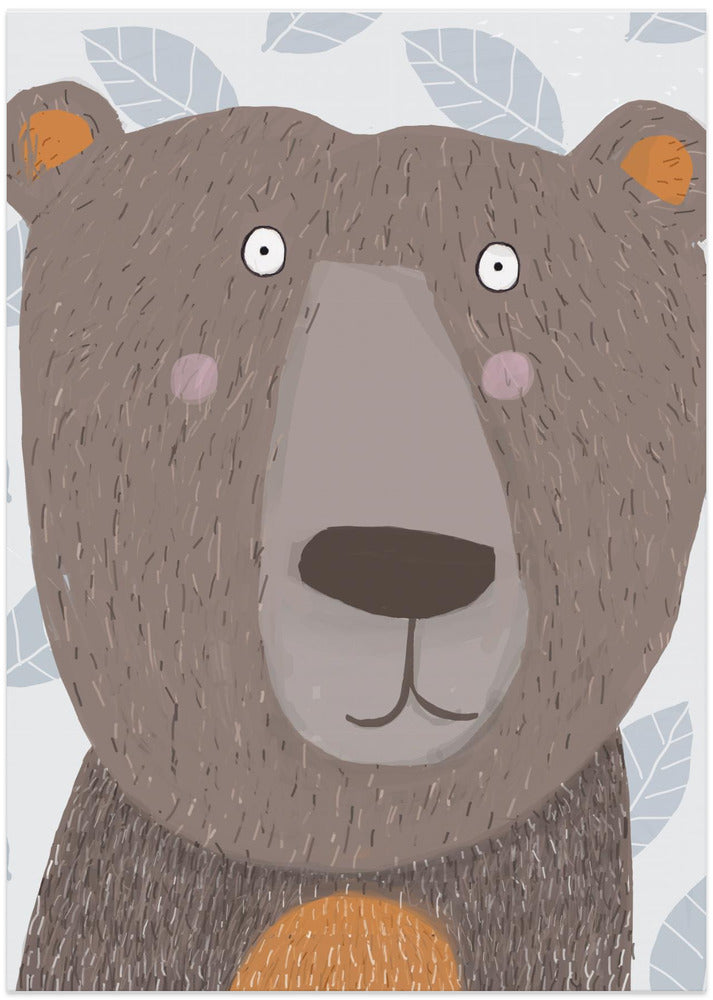 Cute Brown Bear with Grey Leaf Pattern by Artist Carla - Art Print by Carla Daly