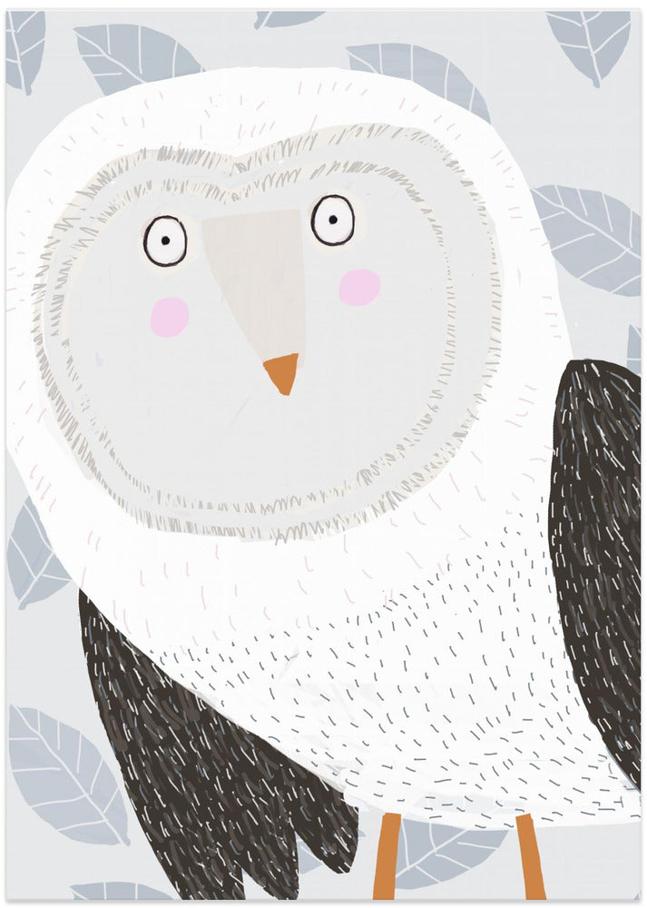 Funny Winter Owl with Grey Leaf Pattern by Artist Carla Daly - Art Print by Carla Daly