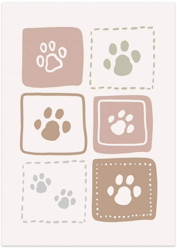 Earthy Pastel Pawprints In Squares - Art Print by Aminah Eleonora