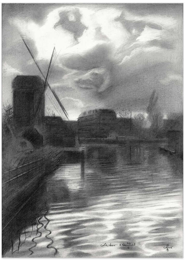 Windmill on Stormy Canal - Art Print by Corné Akkers