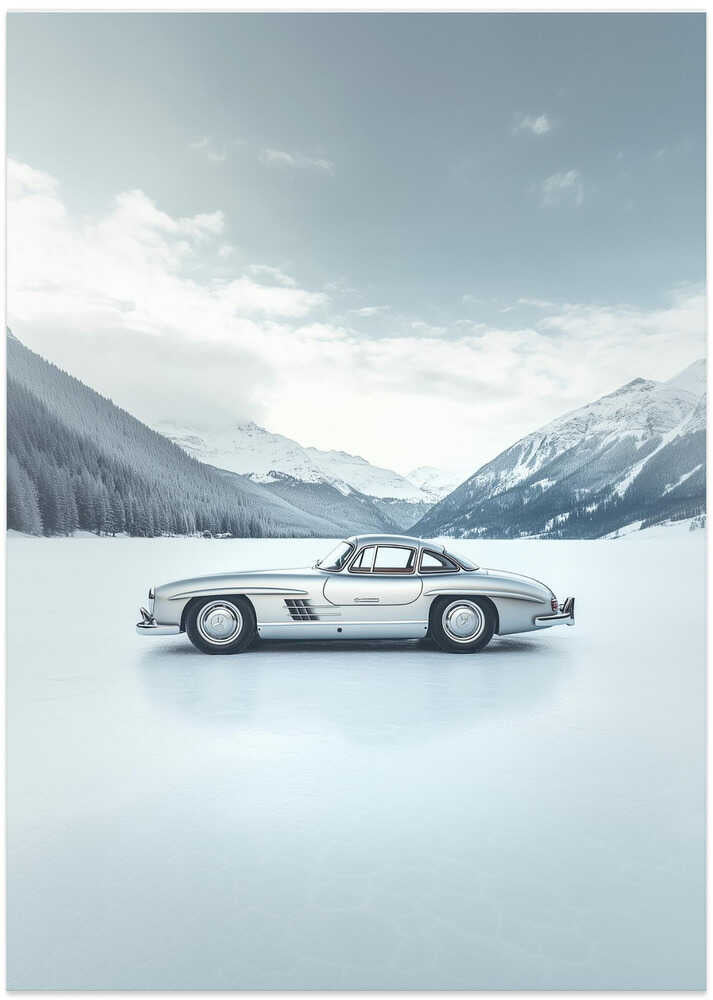 Retro Silver Car On Froozen Lake Side - Art Print by Pictufy Studio