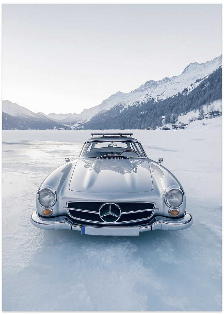 Retro Silver Car On Froozen Lake - Art Print by Pictufy Studio