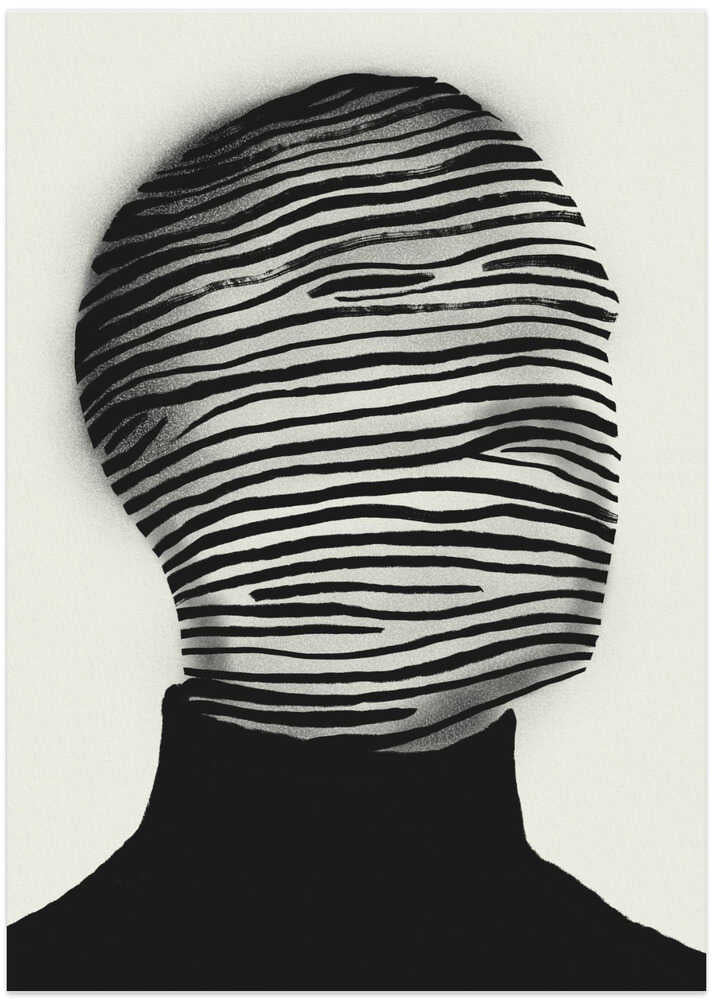 Abstract Head Wrapped In Black And White Stripes - Art Print by Little Dean