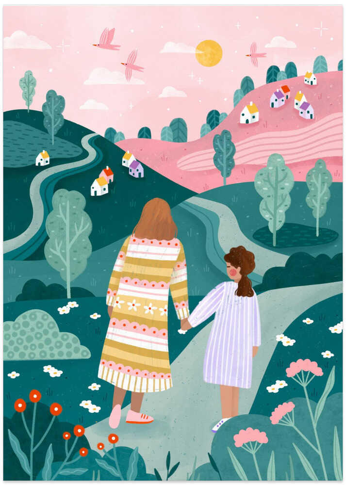 Dreamy Mother Daughter Walk - Art Print by Bea Müller