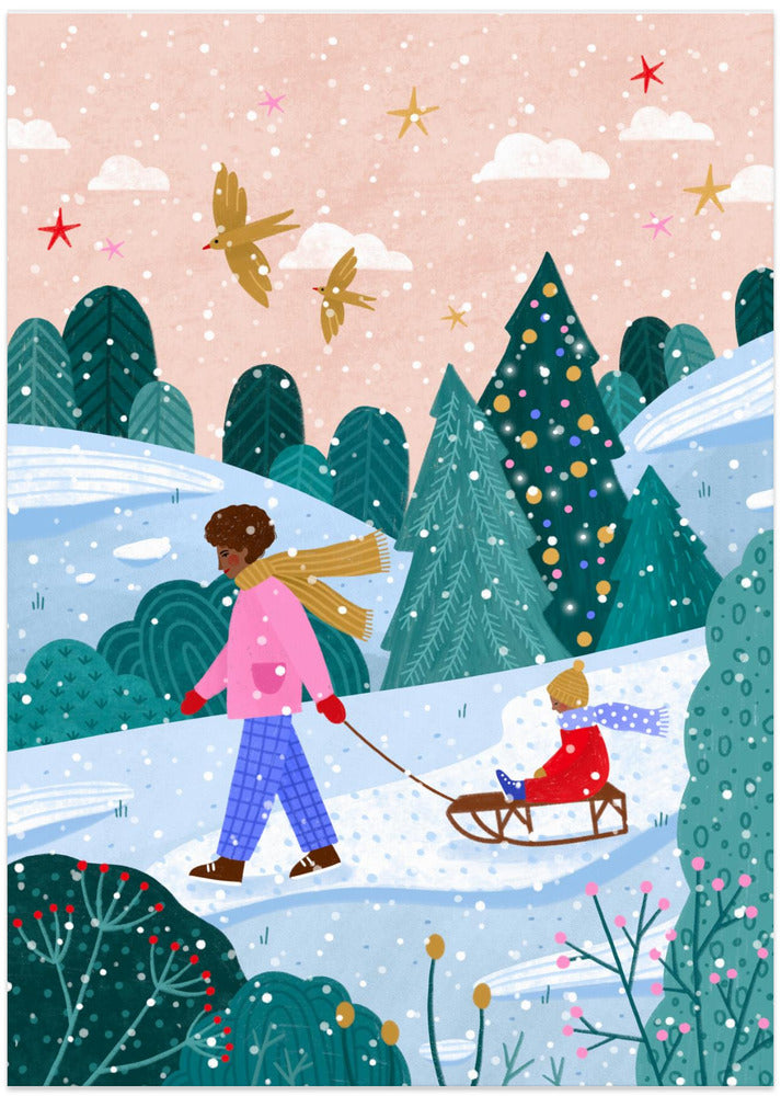 Snowy Sledge Walk - Art Print by Bea Müller
